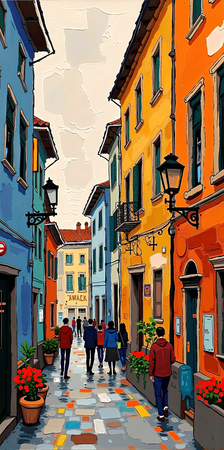 Tableau moderne et très coloré, réalisé avec des aplats de couleurs vives. Un paysage ultra stylisé qui apporte une touche vibrante et contemporaine à votre décoration