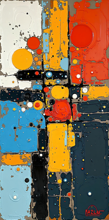Tableau abstrait très coloré et moderne, aux influences artistiques variées, idéal pour une décoration singulière. Réalisé en France en qualité tirage d'art.