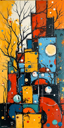 Tableau abstrait très coloré et moderne, aux influences artistiques variées, idéal pour une décoration singulière. Réalisé en France en qualité tirage d'art.