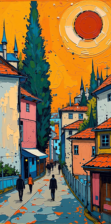 Tableau moderne et très coloré, réalisé avec des aplats de couleurs vives. Un paysage ultra stylisé qui apporte une touche vibrante et contemporaine à votre décoration