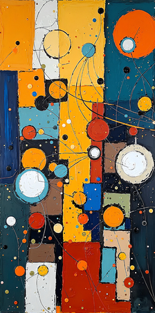 Tableau abstrait très coloré et moderne, aux influences artistiques variées, idéal pour une décoration singulière. Réalisé en France en qualité tirage d'art.