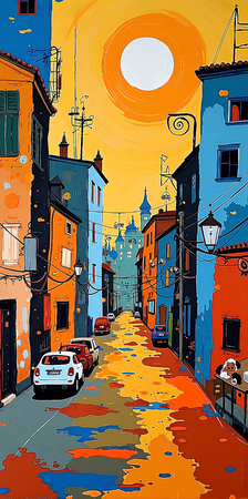 Tableau moderne et très coloré, réalisé avec des aplats de couleurs vives. Un paysage ultra stylisé qui apporte une touche vibrante et contemporaine à votre décoration