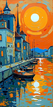 Tableau moderne et très coloré, réalisé avec des aplats de couleurs vives. Un paysage ultra stylisé qui apporte une touche vibrante et contemporaine à votre décoration