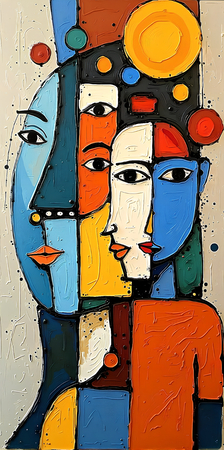 Tableau portrait stylisé très coloré, inspiré par l'art moderne et le cubisme, idéal pour une décoration originale et expressive. Fabriqué en France en tirage d'art.