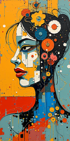 Tableau portrait stylisé très coloré, inspiré par l'art moderne et le cubisme, idéal pour une décoration originale et expressive. Fabriqué en France en tirage d'art.