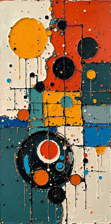 Tableau abstrait très coloré et moderne, aux influences artistiques variées, idéal pour une décoration singulière. Réalisé en France en qualité tirage d'art.