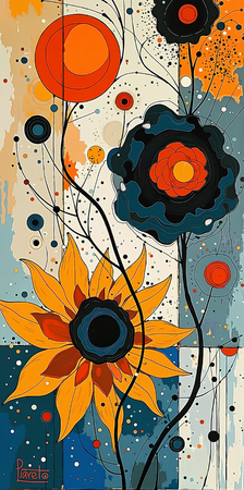 Tableau abstrait très coloré et moderne, aux influences artistiques variées, idéal pour une décoration singulière. Réalisé en France en qualité tirage d'art.
