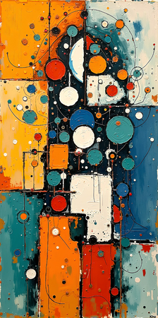 Tableau abstrait très coloré et moderne, aux influences artistiques variées, idéal pour une décoration singulière. Réalisé en France en qualité tirage d'art.
