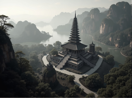 Tableau paysager noir et blanc d'une pagode asiatique dans un paysage brumeux, fantastique et intriguant. Impression d'art réalisée en France.