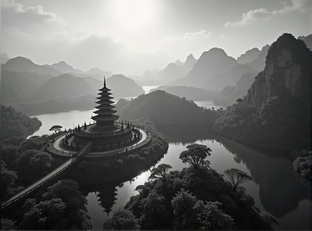 Tableau paysager noir et blanc d'une pagode asiatique dans un paysage brumeux, fantastique et intriguant. Impression d'art réalisée en France.