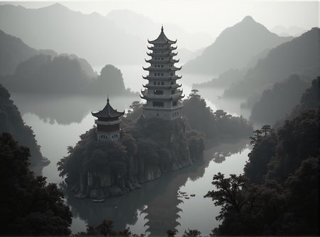 Tableau paysager noir et blanc d'une pagode asiatique dans un paysage brumeux, fantastique et intriguant. Impression d'art réalisée en France.
