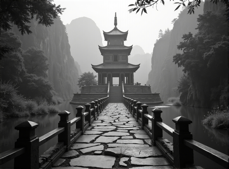Tableau paysager noir et blanc d'une pagode asiatique dans un paysage brumeux, fantastique et intriguant. Impression d'art réalisée en France.