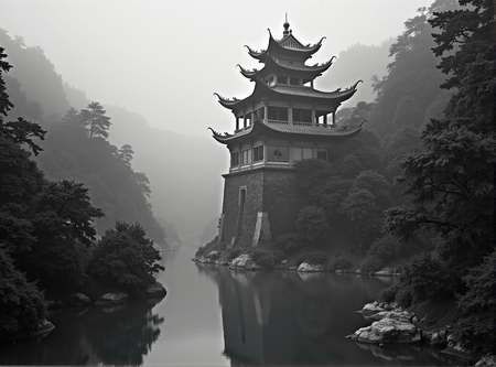 Tableau paysager noir et blanc d'une pagode asiatique dans un paysage brumeux, fantastique et intriguant. Impression d'art réalisée en France.