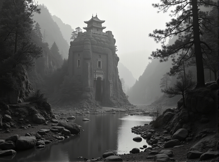 Tableau paysager noir et blanc d'une pagode asiatique dans un paysage brumeux, fantastique et intriguant. Impression d'art réalisée en France.
