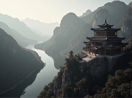 Tableau paysager noir et blanc d'une pagode asiatique dans un paysage brumeux, fantastique et intriguant. Impression d'art réalisée en France.
