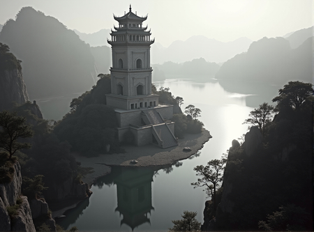 Tableau paysager noir et blanc d'une pagode asiatique dans un paysage brumeux, fantastique et intriguant. Impression d'art réalisée en France.