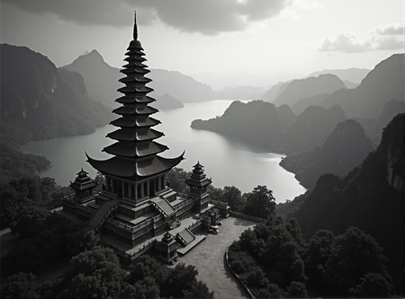 Tableau paysager noir et blanc d'une pagode asiatique dans un paysage brumeux, fantastique et intriguant. Impression d'art réalisée en France.
