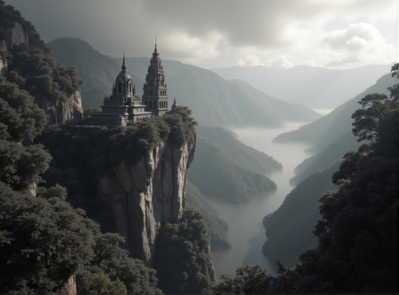 Tableau paysager noir et blanc d'une pagode asiatique dans un paysage brumeux, fantastique et intriguant. Impression d'art réalisée en France.
