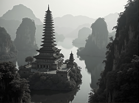 Tableau paysager noir et blanc d'une pagode asiatique dans un paysage brumeux, fantastique et intriguant. Impression d'art réalisée en France.