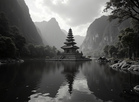 Tableau paysager noir et blanc d'une pagode asiatique dans un paysage brumeux, fantastique et intriguant. Impression d'art réalisée en France.