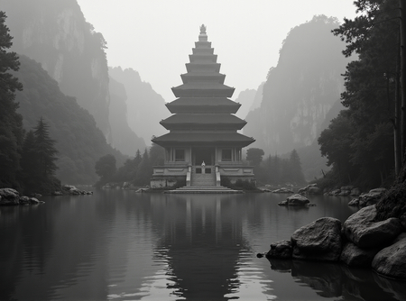 Tableau paysager noir et blanc d'une pagode asiatique dans un paysage brumeux, fantastique et intriguant. Impression d'art réalisée en France.