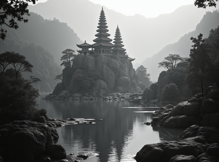 Tableau paysager noir et blanc d'une pagode asiatique dans un paysage brumeux, fantastique et intriguant. Impression d'art réalisée en France.