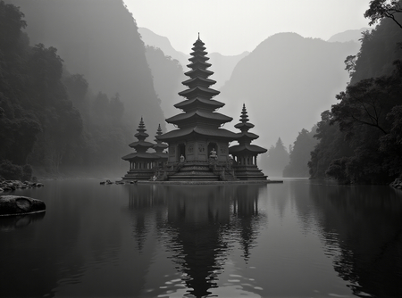 Tableau paysager noir et blanc d'une pagode asiatique dans un paysage brumeux, fantastique et intriguant. Impression d'art réalisée en France.