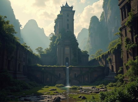 Tableau paysager noir et blanc d'une pagode asiatique dans un paysage brumeux, fantastique et intriguant. Impression d'art réalisée en France.