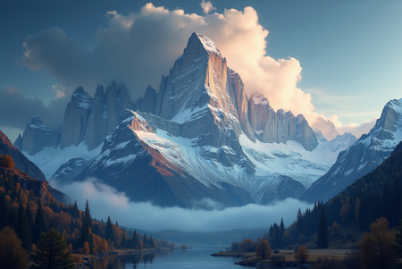 Tableau d'un paysage réaliste mais inquiétant : une immense montagne surplombée de nuages, dans des tons bleus, contrastant avec un premier plan aux couleurs chaudes. Une œuvre puissante et évocatrice.
