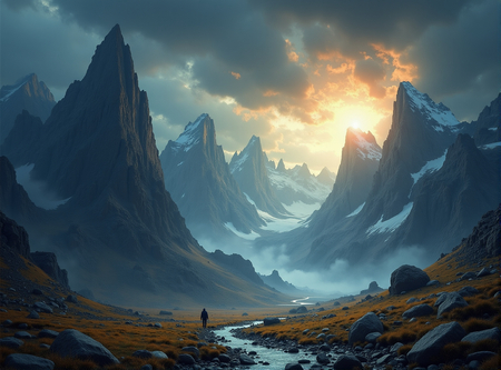 Tableau d'un paysage réaliste mais inquiétant : une immense montagne surplombée de nuages, dans des tons bleus, contrastant avec un premier plan aux couleurs chaudes. Une œuvre puissante et évocatrice.