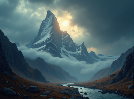 Tableau d'un paysage réaliste mais inquiétant : une immense montagne surplombée de nuages, dans des tons bleus, contrastant avec un premier plan aux couleurs chaudes. Une œuvre puissante et évocatrice.