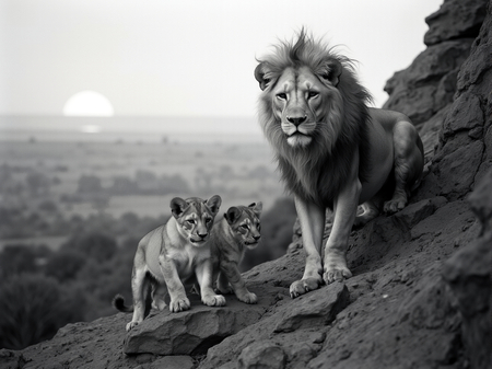 Tableau en noir et blanc représentant une photo panoramique d'un lion et ses lionceaux dans la savane. Une œuvre émouvante et intemporelle, capturant la beauté sauvage de la nature.