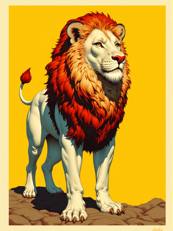 Tableau d'un lion réaliste illustré, avec un pelage blanc et une crinière orangée flamboyante, sur un fond jaune vif. Une œuvre unique et captivante, alliant réalisme et couleurs singulières.