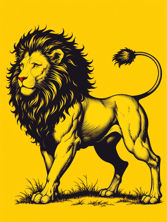 Tableau minimaliste d'un lion stylisé en illustration au trait, sur un fond jaune vif et uni. Une œuvre épurée au charme vintage, parfaite pour une décoration moderne et audacieuse