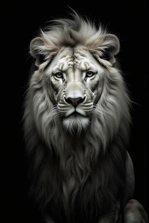Portrait de lion photographié sur fond noir. Tableau en couleur au rendu proche du noir et blanc, décliné en plusieurs versions et formats personnalisables. Une création élégante et puissante, imprimée en France.