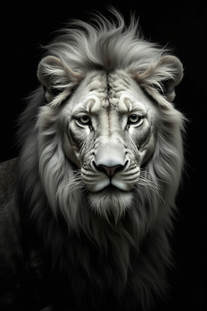 Portrait de lion photographié sur fond noir. Tableau en couleur au rendu proche du noir et blanc, décliné en plusieurs versions et formats personnalisables. Une création élégante et puissante, imprimée en France.
