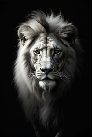 Portrait de lion photographié sur fond noir. Tableau en couleur au rendu proche du noir et blanc, décliné en plusieurs versions et formats personnalisables. Une création élégante et puissante, imprimée en France.