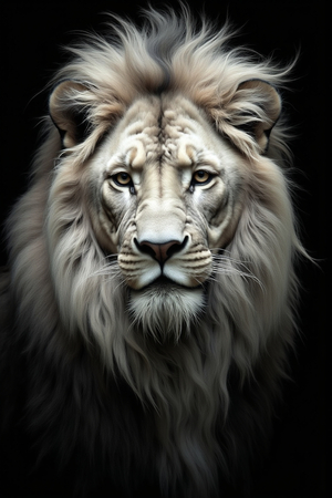 Portrait de lion photographié sur fond noir. Tableau en couleur au rendu proche du noir et blanc, décliné en plusieurs versions et formats personnalisables. Une création élégante et puissante, imprimée en France.