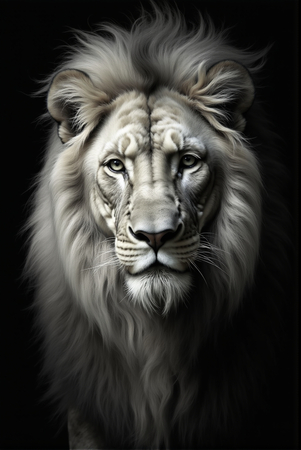 Portrait de lion photographié sur fond noir. Tableau en couleur au rendu proche du noir et blanc, décliné en plusieurs versions et formats personnalisables. Une création élégante et puissante, imprimée en France.