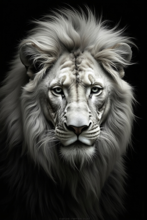 Portrait de lion photographié sur fond noir. Tableau en couleur au rendu proche du noir et blanc, décliné en plusieurs versions et formats personnalisables. Une création élégante et puissante, imprimée en France.