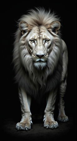 Portrait de lion photographié sur fond noir. Tableau en couleur au rendu proche du noir et blanc, décliné en plusieurs versions et formats personnalisables. Une création élégante et puissante, imprimée en France.
