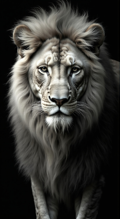 Portrait de lion photographié sur fond noir. Tableau en couleur au rendu proche du noir et blanc, décliné en plusieurs versions et formats personnalisables. Une création élégante et puissante, imprimée en France.