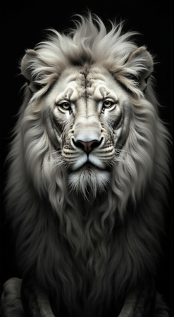 Portrait de lion photographié sur fond noir. Tableau en couleur au rendu proche du noir et blanc, décliné en plusieurs versions et formats personnalisables. Une création élégante et puissante, imprimée en France.