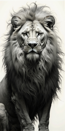 Portrait de lion photographié sur fond blanc ou clair. Une œuvre sobre et élégante pour sublimer votre intérieur ou un espace professionnel. Disponible sur plusieurs supports. Création exclusive DECOTAB.