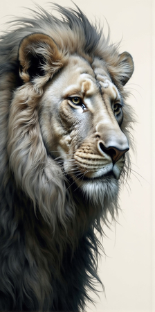 Portrait de lion photographié sur fond blanc ou clair. Une œuvre sobre et élégante pour sublimer votre intérieur ou un espace professionnel. Disponible sur plusieurs supports. Création exclusive DECOTAB.
