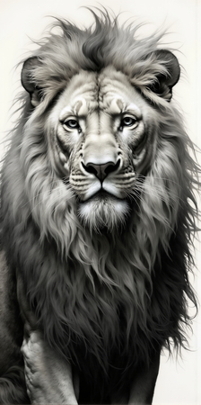 Portrait de lion photographié sur fond blanc ou clair. Une œuvre sobre et élégante pour sublimer votre intérieur ou un espace professionnel. Disponible sur plusieurs supports. Création exclusive DECOTAB.