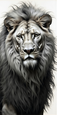 Portrait de lion photographié sur fond blanc ou clair. Une œuvre sobre et élégante pour sublimer votre intérieur ou un espace professionnel. Disponible sur plusieurs supports. Création exclusive DECOTAB.