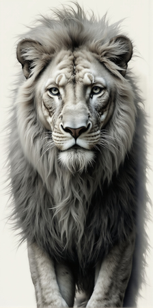 Portrait de lion photographié sur fond blanc ou clair. Une œuvre sobre et élégante pour sublimer votre intérieur ou un espace professionnel. Disponible sur plusieurs supports. Création exclusive DECOTAB.