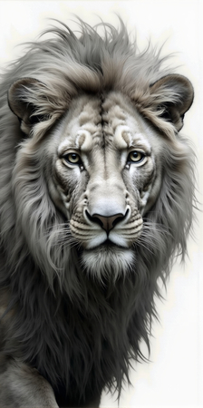 Portrait de lion photographié sur fond blanc ou clair. Une œuvre sobre et élégante pour sublimer votre intérieur ou un espace professionnel. Disponible sur plusieurs supports. Création exclusive DECOTAB.