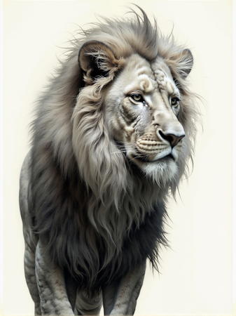 Portrait de lion photographié sur fond blanc ou clair. Une œuvre sobre et élégante pour sublimer votre intérieur ou un espace professionnel. Disponible sur plusieurs supports. Création exclusive DECOTAB.